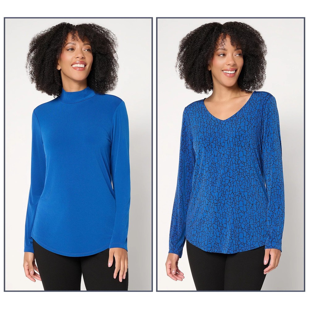 Susan Graver Set of 2 Print and Solid Liquid Knit Tops Blue Black 2X